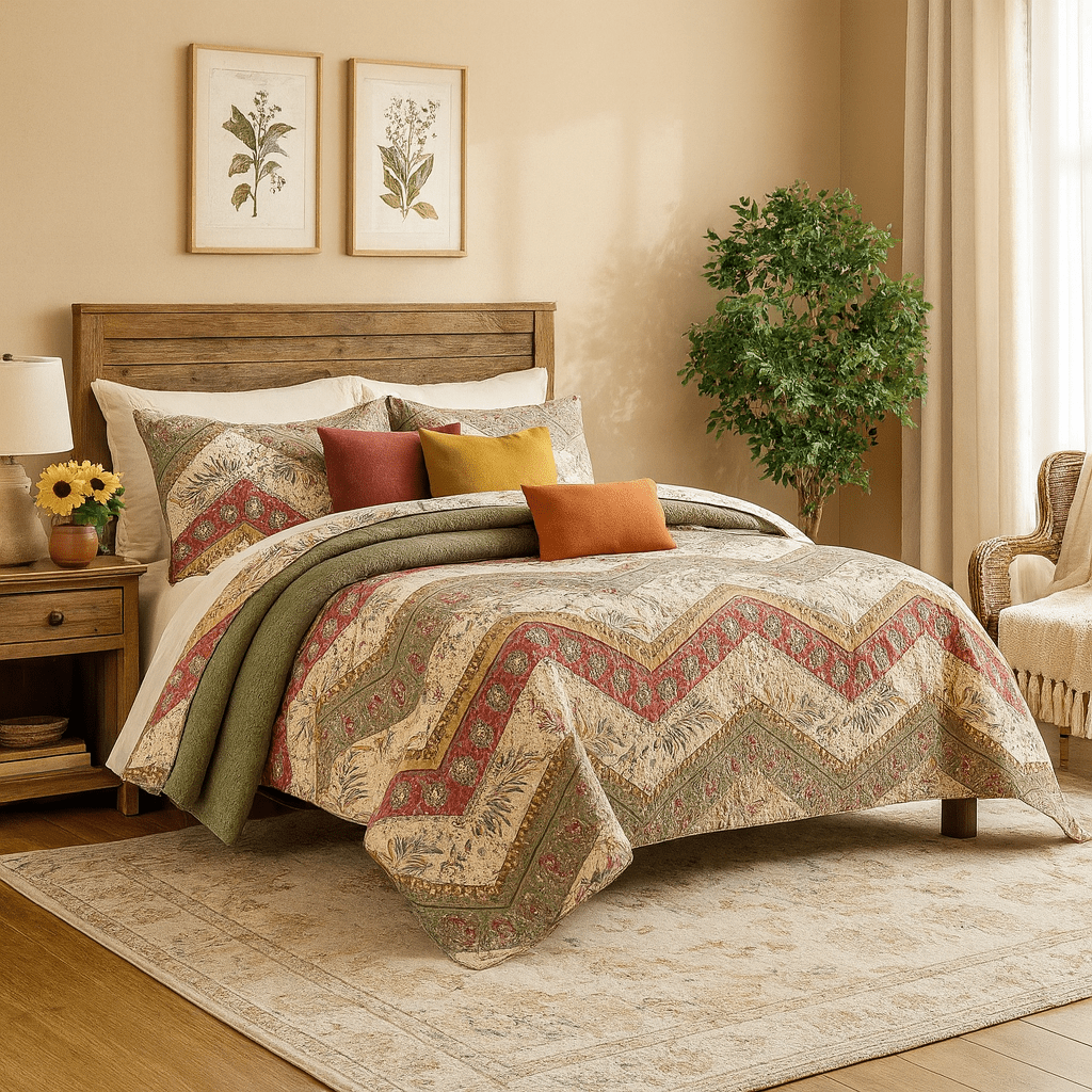DaDa Bedding Rustic Bohemian Cranberry Sage Chevron Floral Bedspread Set (JHW-924)