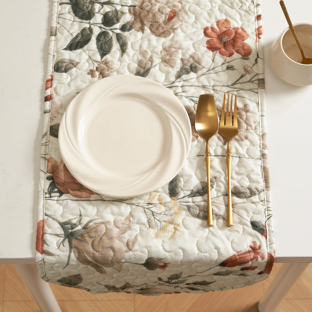 DaDalogy Enchanted Meadow Reversible Dinner Table Runner - Floral Elegance in Beige, Rose, and Soft Olive Green, Premium Soft Microfiber Quilted Table Runner