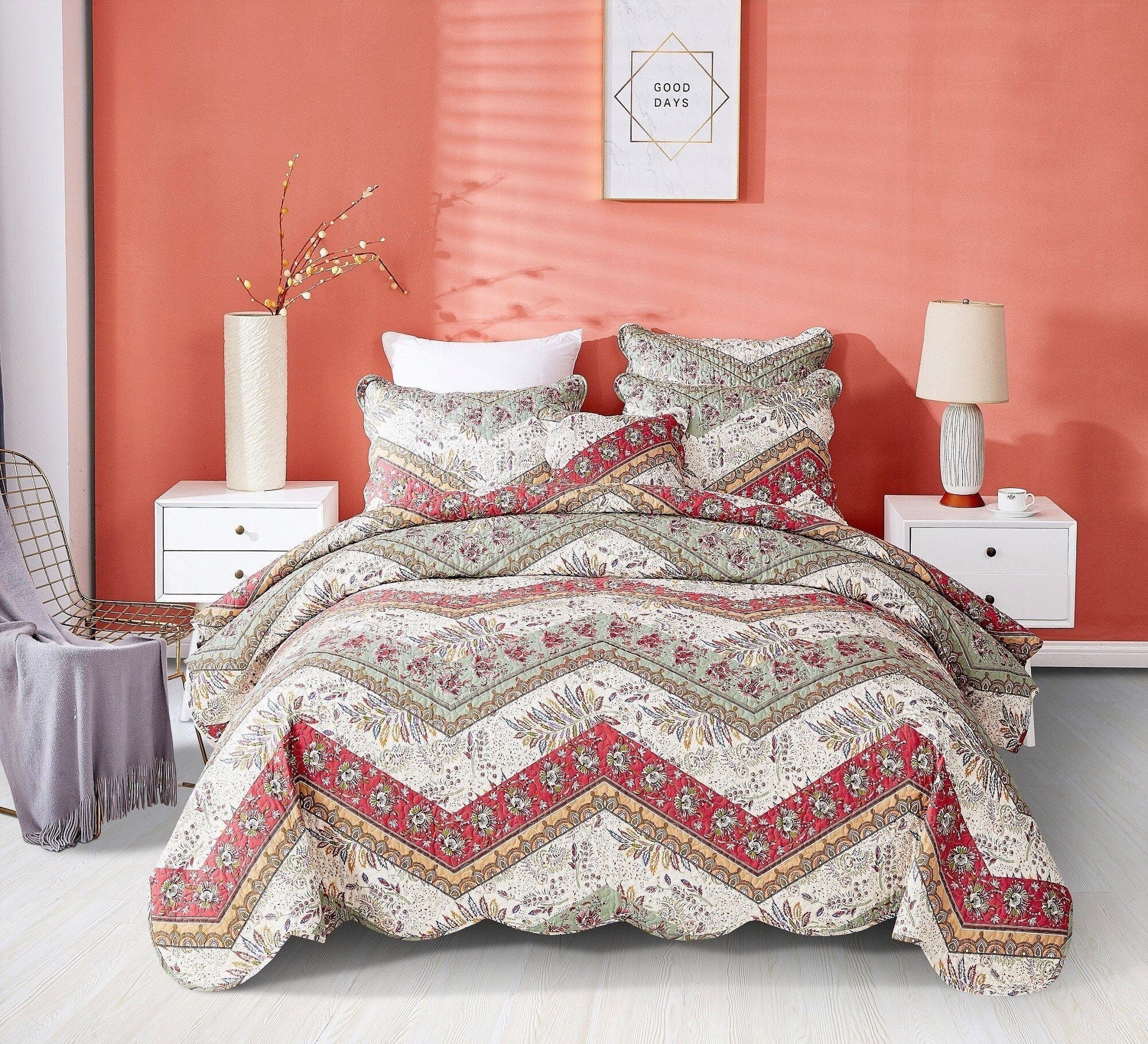 DaDa Bedding Rustic Bohemian Cranberry Sage Chevron Floral Bedspread Set (JHW-924)
