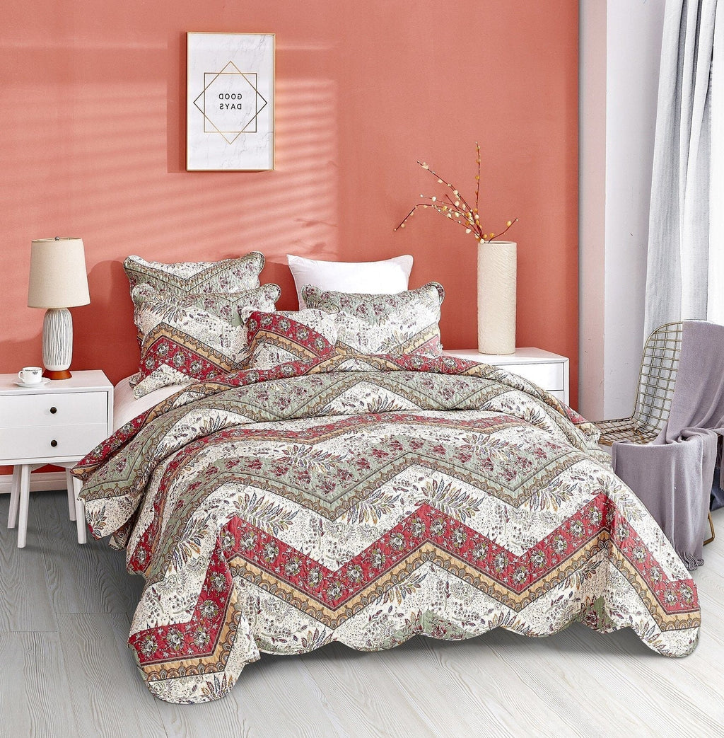 DaDa Bedding Rustic Bohemian Cranberry Sage Chevron Floral Bedspread Set (JHW-924)