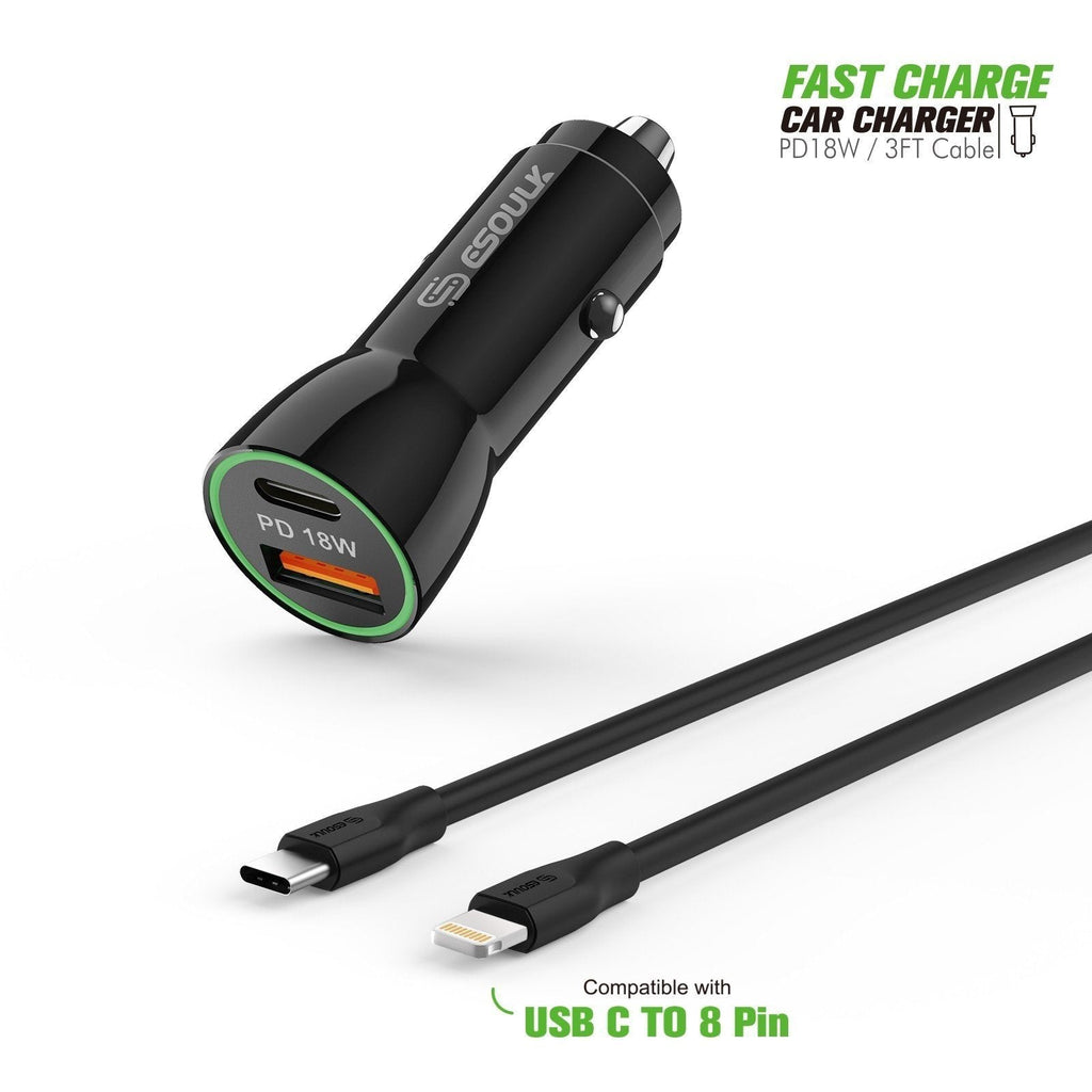 Esoulk Black 18W PD Charger &amp; USB-A 3ft C To iPhone Cable