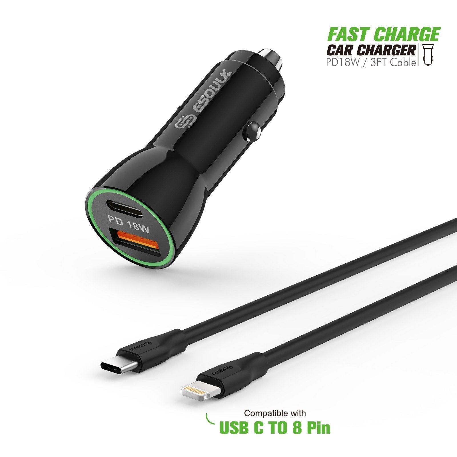 Esoulk Black 18W PD Charger &amp; USB-A 3ft C To iPhone Cable